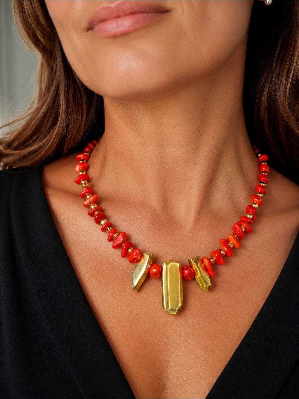 Handmade Natural Coral Necklace with Golden Stone Accent Statement Design NWT